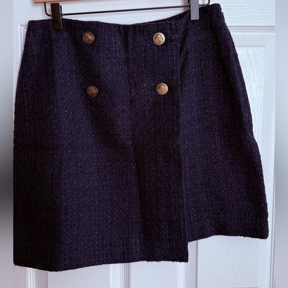 LOFT Navy Tweed Mini Skirt with Gold Buttons
